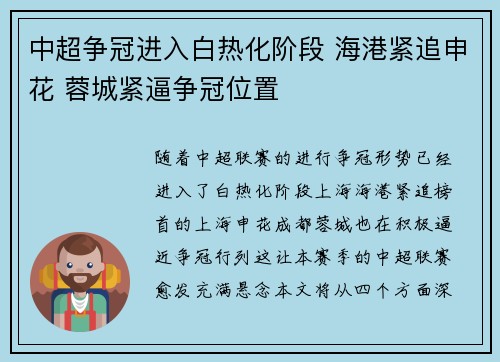 中超争冠进入白热化阶段 海港紧追申花 蓉城紧逼争冠位置